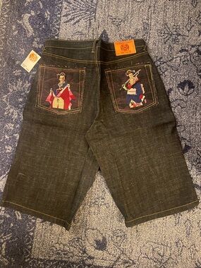 Red Monkey Company raw selvage denim Jean Shorts with Embroidered Back Pockets